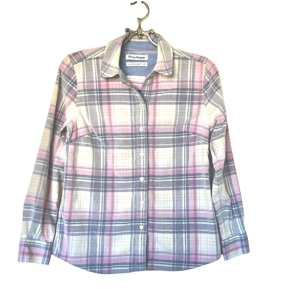 Tommy Bahama  Corduroy Pastel Pink and Purple Plaid  Long Sleeve Shirt S…